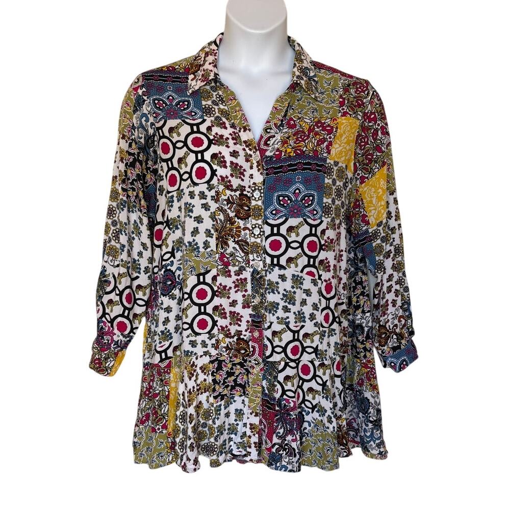 For the Republic Woman Button Down Patchwork Print Boho Tunic Swing Dress sz 1X